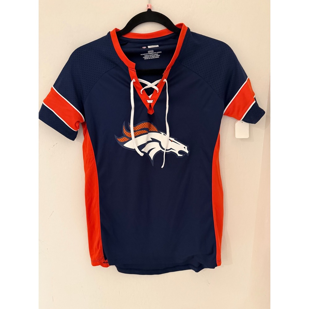 NFL Team Apparel Denver Broncos Womens Navy Blue Lace Up Jersey Top Small NWOT